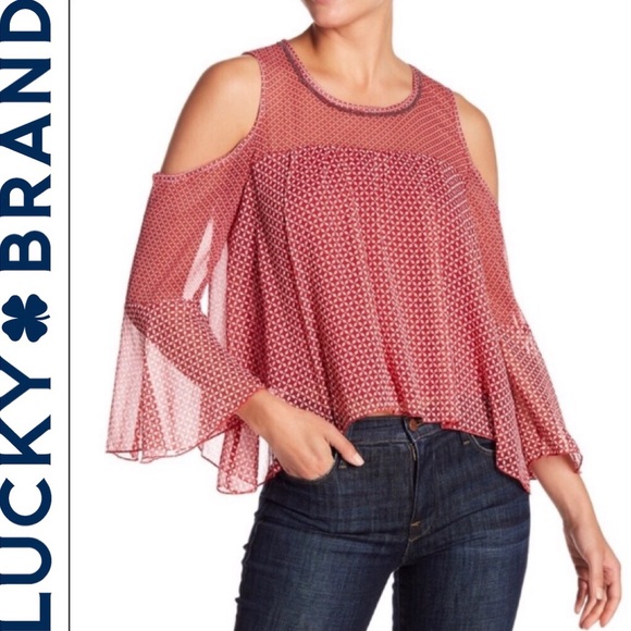 Lucky Brand Sheer Bell Sleeve Cold Shoulder Beaded Top Red White Size XS - Picture 1 of 8